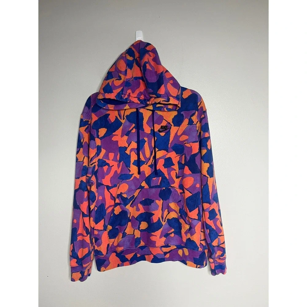 Nike Club Fleece Pullover Hoodie Sweatshirt Abstract Camo Purple Orange‎ Men's M